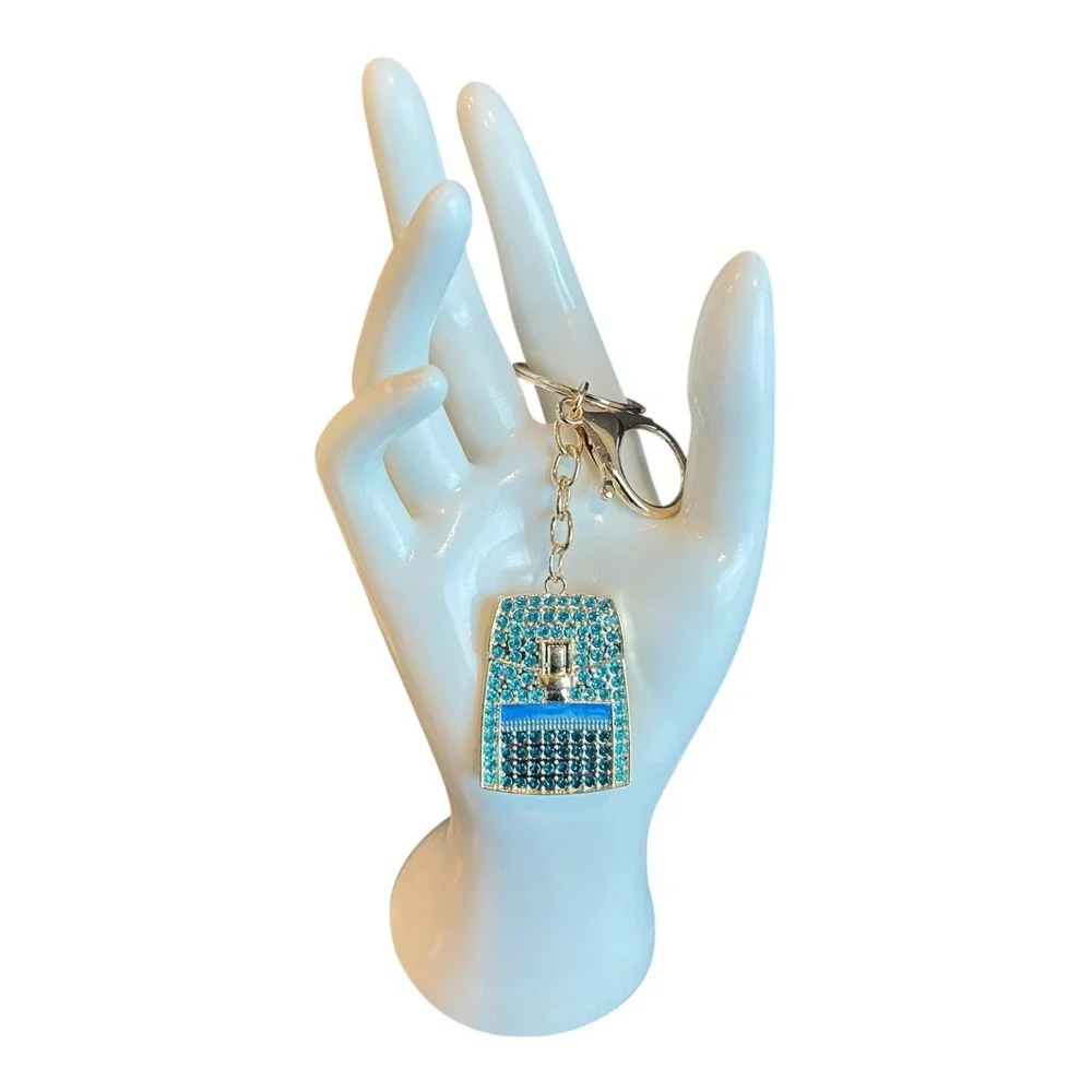 Women's Blue Teal Perfume Bottle Key Chain Finder Gold Tone Charm 4